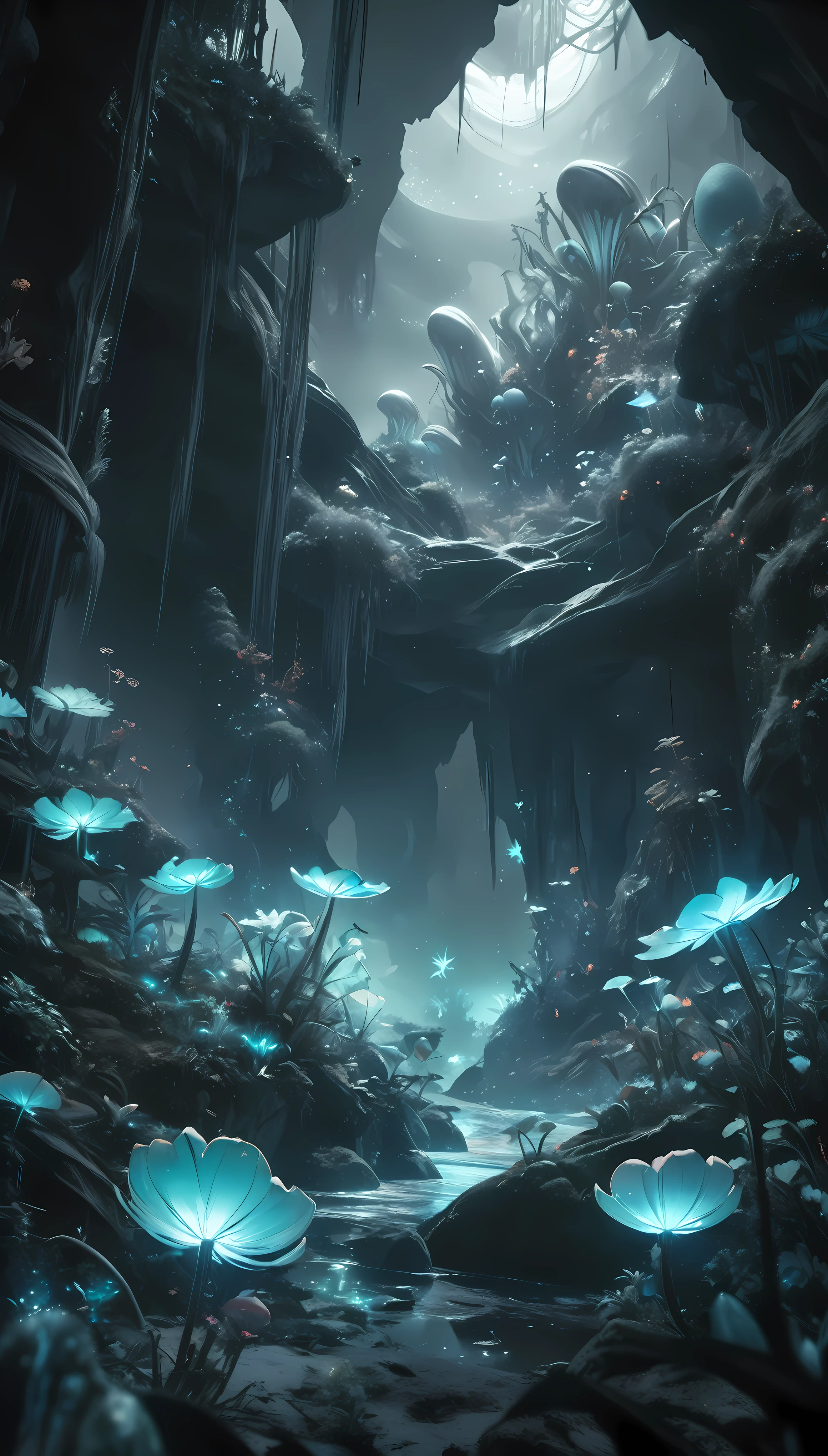 A dark, mysterious underground world, endless cosmic space, ethereal glowing crystals, bioluminescent flora, strange alien creatures, haunting atmosphere, dramatic lighting, cinematic composition, muted color palette, surreal and dreamlike, highly detailed, photorealistic, 8k, masterpiece