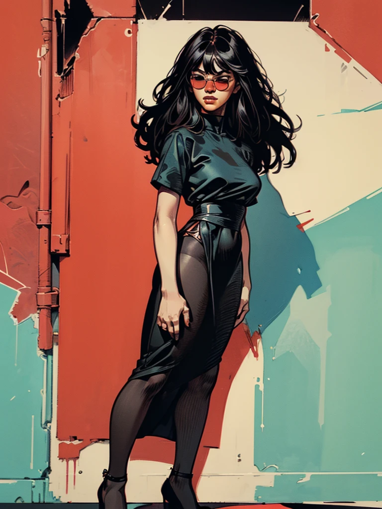 woman in a dress standing in front of simple background, up close, ((Art style by Patrick Nagel)), ((8k, wallpaper, detailed)), dark sunglasses, korean pop-star, black hair, pretty hands, fringe, simple red background, palm trees, (graffiti wall:1.2), strong, courageous, art by Patrick Nagel, album art cover