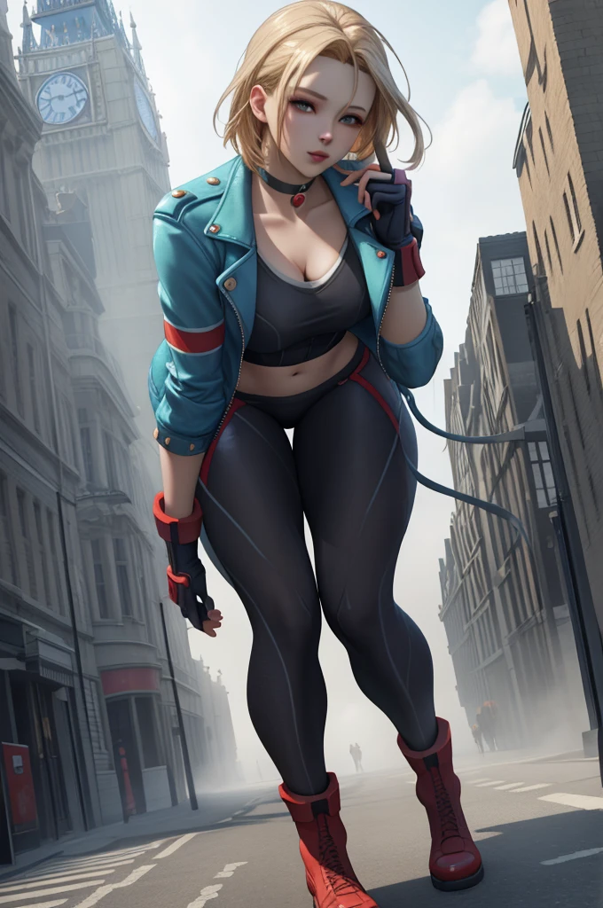 Best Quality, 8k, High resolution, masterpiece:1.5, (ultra detailed), absurdres, ((ultra high res)), cammy white, Beautiful Finger, Beautiful long legs, Beautiful body, Beautiful Nose, Beautiful character, perfect face, a woman with a blue jacket and red gloves, official art, unreal engine, Sexual, town, London, fog, early morning, walk, dynamic angle, photo realistic, official art, unreal engine, town, London, fog, early morning, dynamic angle, face focus, looking at viewer, photo realistic, extremely detailed CG, vibrant colors,