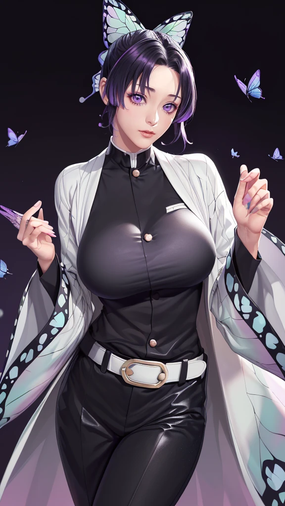 (（（figure，御姐figure,White and tender skin,（（haori, wide sleeves, long sleeves, black pants, black jacket, belt，）））,(（（kochou shinobu, butterfly hair ornament, purple eyes, multicolored hair, short hair, parted bangs, ））),,((masterpiece)),highres,((Best quality at best)),masterpiece,quality,Best quality,(（（  exquisite facial features , for the audience ,））），Huge breasts，）））