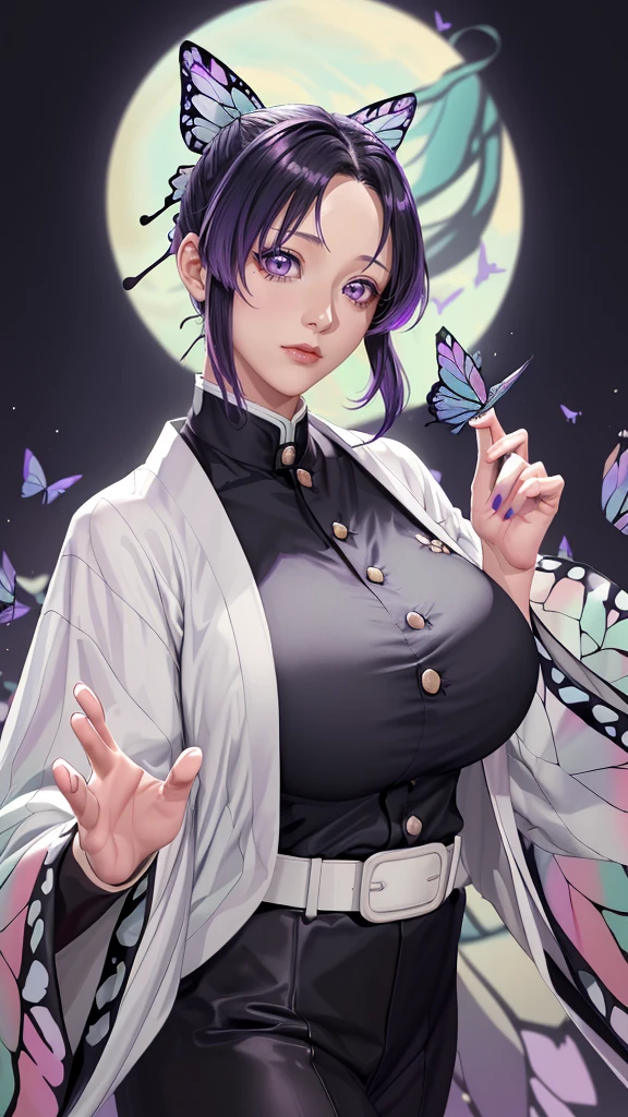 (（（figure，御姐figure,White and tender skin,（（haori, wide sleeves, long sleeves, black pants, black jacket, belt，）））,(（（kochou shinobu, butterfly hair ornament, purple eyes, multicolored hair, short hair, parted bangs, ））),,((masterpiece)),highres,((Best quality at best)),masterpiece,quality,Best quality,(（（  exquisite facial features , for the audience ,））），Huge breasts，）））