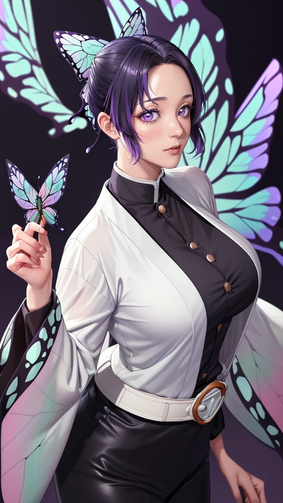 (（（figure，御姐figure,White and tender skin,（（haori, wide sleeves, long sleeves, black pants, black jacket, belt，）））,(（（kochou shinobu, butterfly hair ornament, purple eyes, multicolored hair, short hair, parted bangs, ））),,((masterpiece)),highres,((Best quality at best)),masterpiece,quality,Best quality,(（（  exquisite facial features , for the audience ,））），Huge breasts，）））