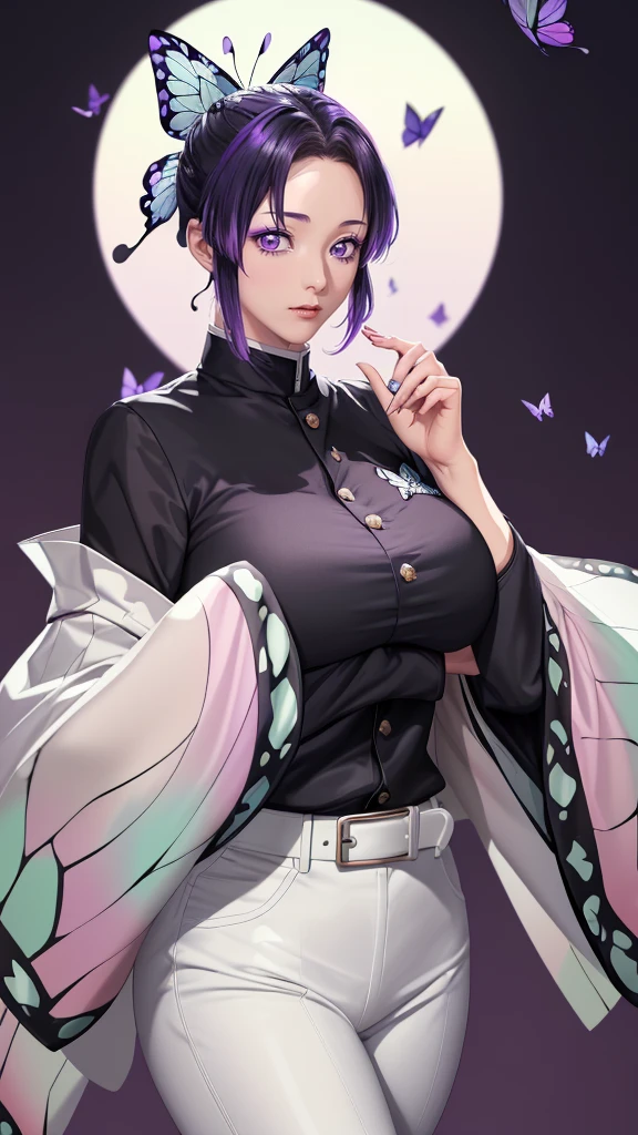 (（（figure，御姐figure,White and tender skin,（（haori, wide sleeves, long sleeves, black pants, black jacket, belt，）））,(（（kochou shinobu, butterfly hair ornament, purple eyes, multicolored hair, short hair, parted bangs, ））),,((masterpiece)),highres,((Best quality at best)),masterpiece,quality,Best quality,(（（  exquisite facial features , for the audience ,））），Huge breasts，）））