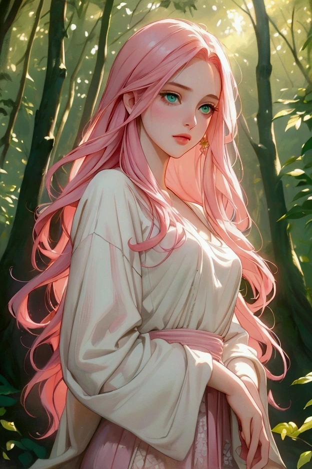 A beautiful young woman with long pink hair, vivid green eyes, small delicate breasts, wearing modern fashionable clothes, in a serene outdoor setting, sunlight filtering through the trees, atmospheric lighting, ultra-detailed, oil painting, highly realistic, cinematic composition, warm color tones, dramatic lighting, intricate details