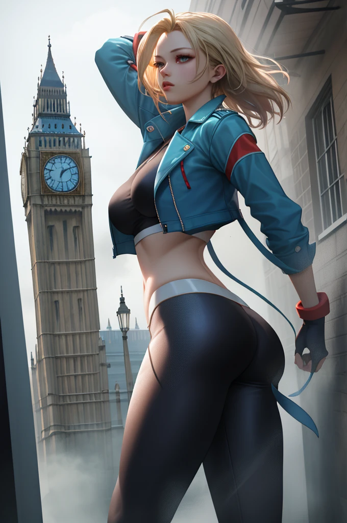 Best Quality, 8k, High resolution, masterpiece:1.5, (ultra detailed), absurdres, ((ultra high res)), cammy white, Beautiful Finger, Beautiful long legs, Beautiful body, Beautiful Nose, Beautiful character, perfect face, a woman with a blue jacket and red gloves, official art, unreal engine, Sexual, town, London, fog, early morning, walk, dynamic angle, photo realistic, official art, unreal engine, town, London, fog, early morning, dynamic angle, face focus, Looking back and gazing into the distance,　Brush your hair up with your right hand, photo realistic, extremely detailed CG, vibrant colors,