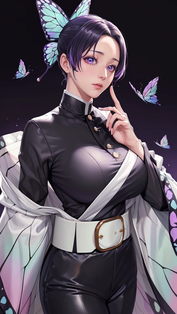 (（（figure，御姐figure,White and tender skin,（（haori, wide sleeves, long sleeves, black pants, black jacket, belt，）））,(（（kochou shinobu, butterfly hair ornament, purple eyes, multicolored hair, short hair, parted bangs, ））),,((masterpiece)),highres,((Best quality at best)),masterpiece,quality,Best quality,(（（  exquisite facial features , for the audience ,））），Huge breasts，）））