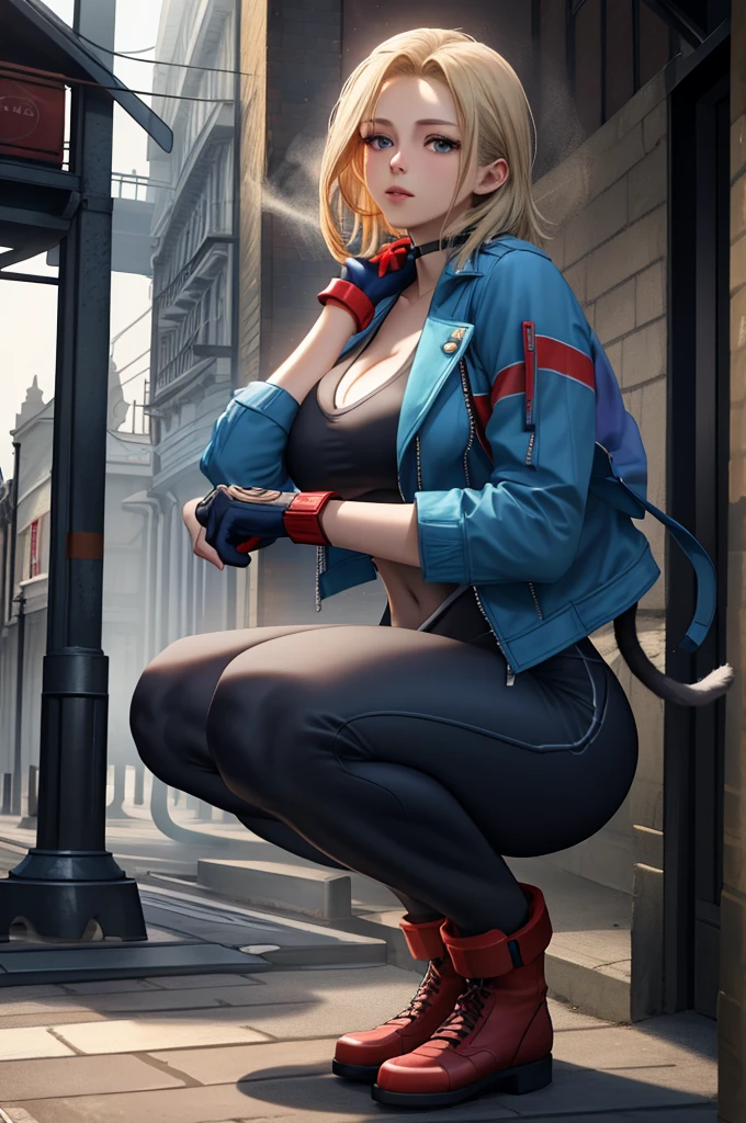 Best Quality, 8k, High resolution, masterpiece:1.5, (ultra detailed), absurdres, ((ultra high res)), cammy white, 1girl and 1cat, Beautiful Finger, Beautiful long legs, Beautiful body, Beautiful Nose, Beautiful character, perfect face, a woman with a blue jacket and red gloves, official art, unreal engine, Sexual, town, London, fog, early morning, squat, dynamic angle, photo realistic, official art, unreal engine, town, London, fog, early morning, dynamic angle, face focus, The cat is at his feet, The cat is watching her, She is looking at the cat, Petting a cat with your right hand, photo realistic, extremely detailed CG, vibrant colors,