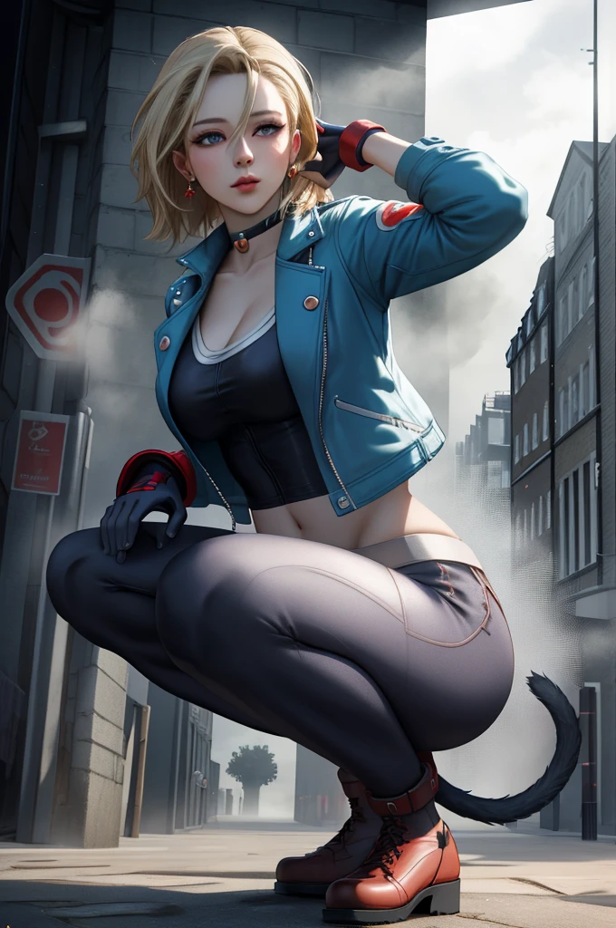 Best Quality, 8k, High resolution, masterpiece:1.5, (ultra detailed), absurdres, ((ultra high res)), cammy white, Beautiful Finger, Beautiful long legs, Beautiful body, Beautiful Nose, Beautiful character, perfect face, a woman with a blue jacket and red gloves, official art, unreal engine, Sexual, town, London, fog, early morning, squat, dynamic angle, photo realistic, official art, unreal engine, town, London, fog, early morning, dynamic angle, face focus, looking down, a cat, There is one cat, cat looking up, Petting a cat, photo realistic, extremely detailed CG, vibrant colors,