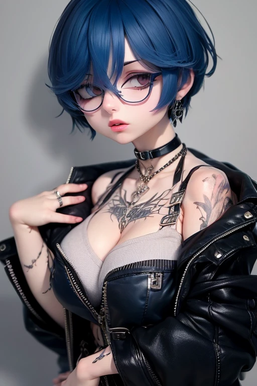 1 woman, tattoo on arm, black choker, blue hair, chest tattoo, collarbone, round glasses, jewelry, lips, looking at viewer, short hair, makeup, jacket, belt
