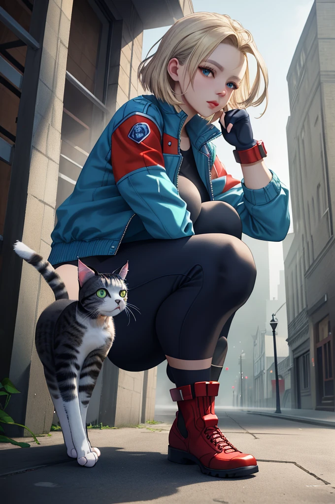 Best Quality, 8k, High resolution, masterpiece:1.5, (ultra detailed), absurdres, ((ultra high res)), cammy white, Woman and cat, Beautiful Finger, Beautiful long legs, Beautiful body, Beautiful Nose, Beautiful character, perfect face, a woman with a blue jacket and red gloves, official art, unreal engine, Sexual, town, London, fog, early morning, squat, dynamic angle, photo realistic, official art, unreal engine, town, London, fog, early morning, dynamic angle, face focus, a cat, (((There is a cat at my feet))), The cat is watching her, She is looking at the cat, Petting a cat with your right hand, photo realistic, extremely detailed CG, vibrant colors,