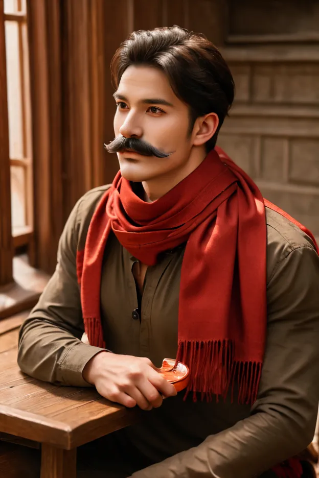 young man, with mustache and red scarf ,  drinking soup on a table in medieval times