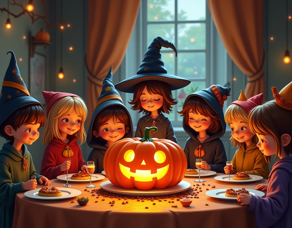 holiday festival.
halloween costume s.
smile happy cute gentle joy is effect.
party style.
pumpkin character cake.
in the witch's mansion.
Oil painting illustration style.
classic touch.
pencil drawing tone.
beautiful halloween quality.
pop-up to image, on the screen word "happy halloween".