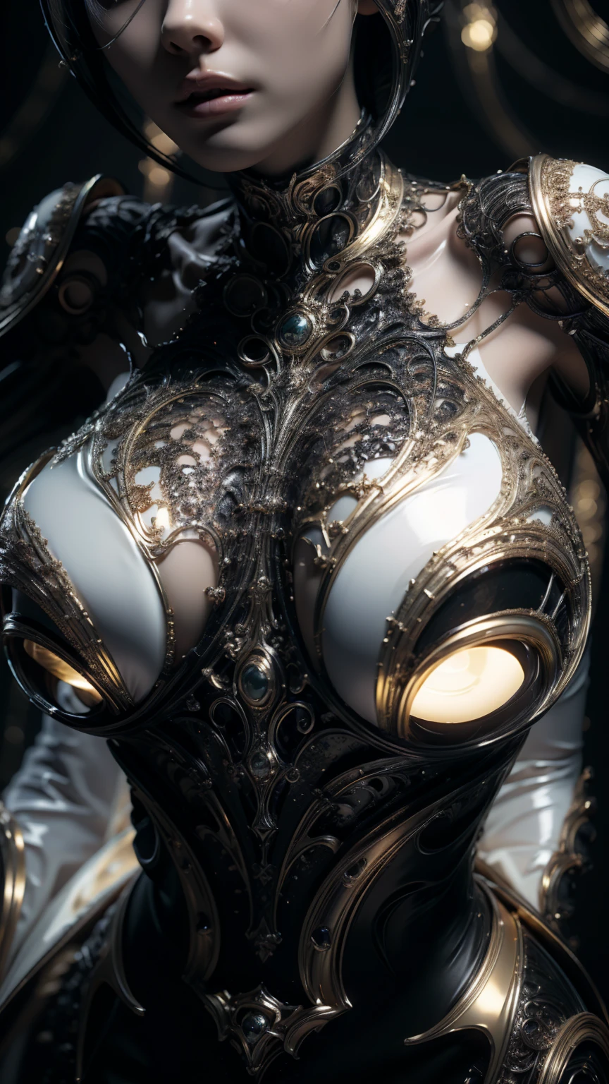  girl with futuristic mechanical armor in black and with gold metallic details,    body image of legs upwards , open legs,   very thick vagina showing ,   thick and muscular legs and arms  ,   big breasts,   semi-mechanical semi-human design , Korean girl's face ,  spectacular lower angle ,   Film lighting  ,   intricate and highly detailed mechanical details , sharp focus,    photorealistic hoodie ,  8K,   masterpiece,    Very detailed and well-defined face,