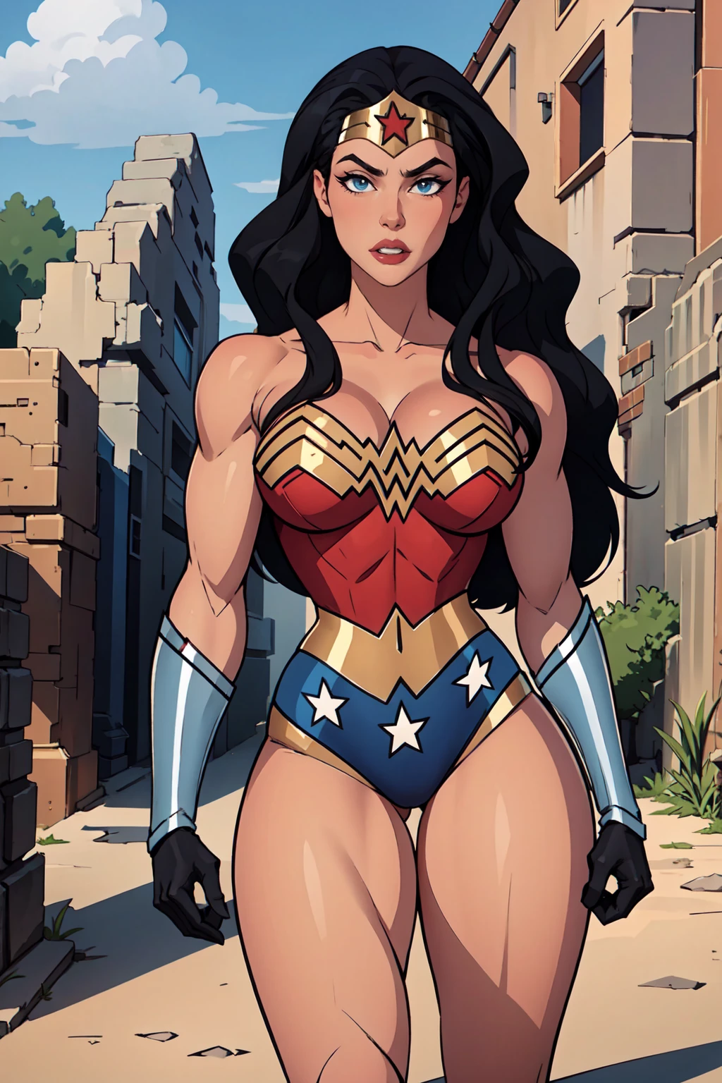 masterpiece,best quality,extreme detail,8k, wonder woman, 1girl, solo, looking at viewer, large breasts, blue eyes, long hair, gloves, outdoors, thighs, superhero, crescent print