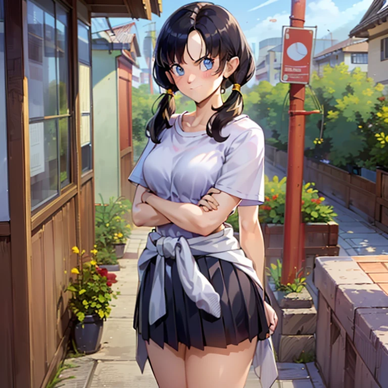 ( Not suitable for work: 1.5), ( masterpiece,  the best quality,  high resolution , Realistic images, realistic skin, Detailed skin), (A girl, Alone), he saw, (Japanese model, Japanese girls), pigtails, ( summer school uniform , camiseta blanca: 1.1), (dark blue skirt, pleated skirt: 1.1), (wind, wind Lift, Skirt Lifting by the wind, Falda enrollada por el wind, The skirt flutters: 1.5), dark blue socks, black loafers, ( fully exposed panties : 1.5),  White ribbed panties : 1.5, (standing,  arms crossed behind the waist: 1.7), blush, ashamed, smile
