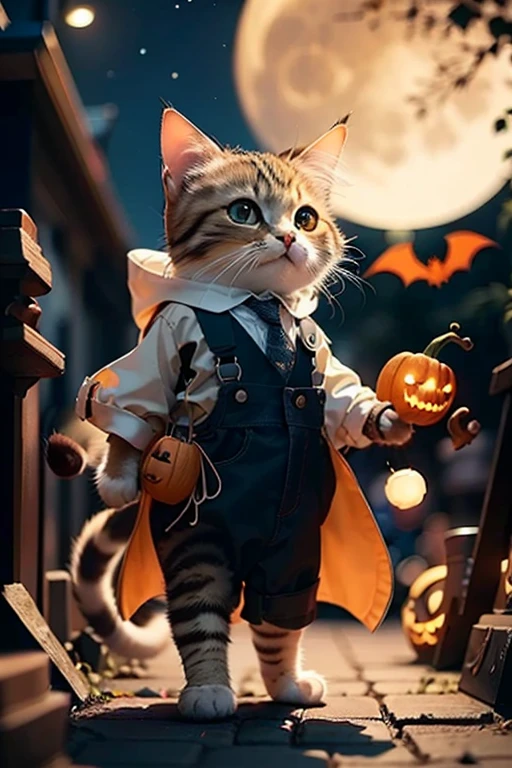  two short legged couple cats in vampire cosplay　Moonlit Night　Halloween Party Graveyard Cross, Vampire, Pumpkin Lots of Stars Girl and Boy Cat高解像度, super high definition,8k,Advanced Details,Realistic,photo-Realistic:1.37),Best Quality,masterpiece,Maomi,standing,Alone,Full Body,,Two cats　Overall orange base 　Mark of the Bat 　Big full moon