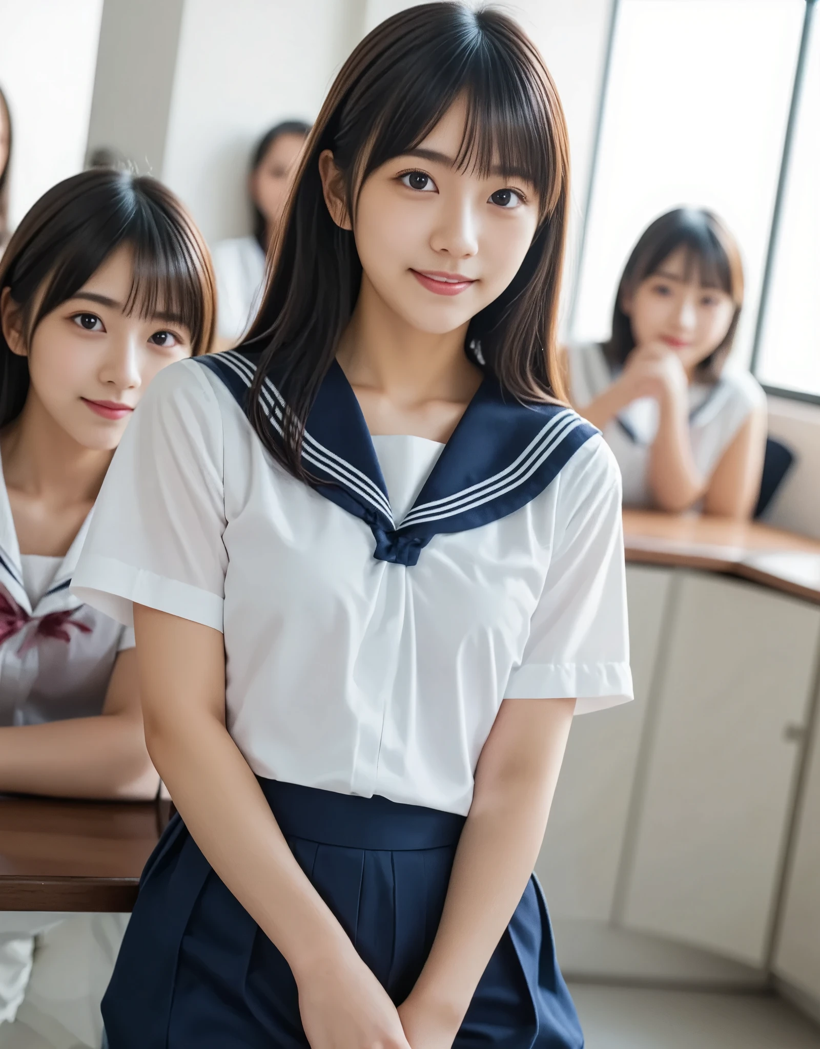 (8k、Original photo、top-quality、masterpiece:1.2)、(Realistic、 photorealistic :1.37)、  ultra detail 、Super A high resolution、1 girl、High school girl, young、(beautiful girl, Baby Face, Super cute idol-like face:1.2), (She is smiling in the classroom at school fold's a sign that read “日本女子 ”:1.4)、Slightly longer bob hair、Black Hair、With bangs, Japanese High School Uniform、((Sailor school uniform, I'm wearing a navy blue pleated skirt))、 upper body, 