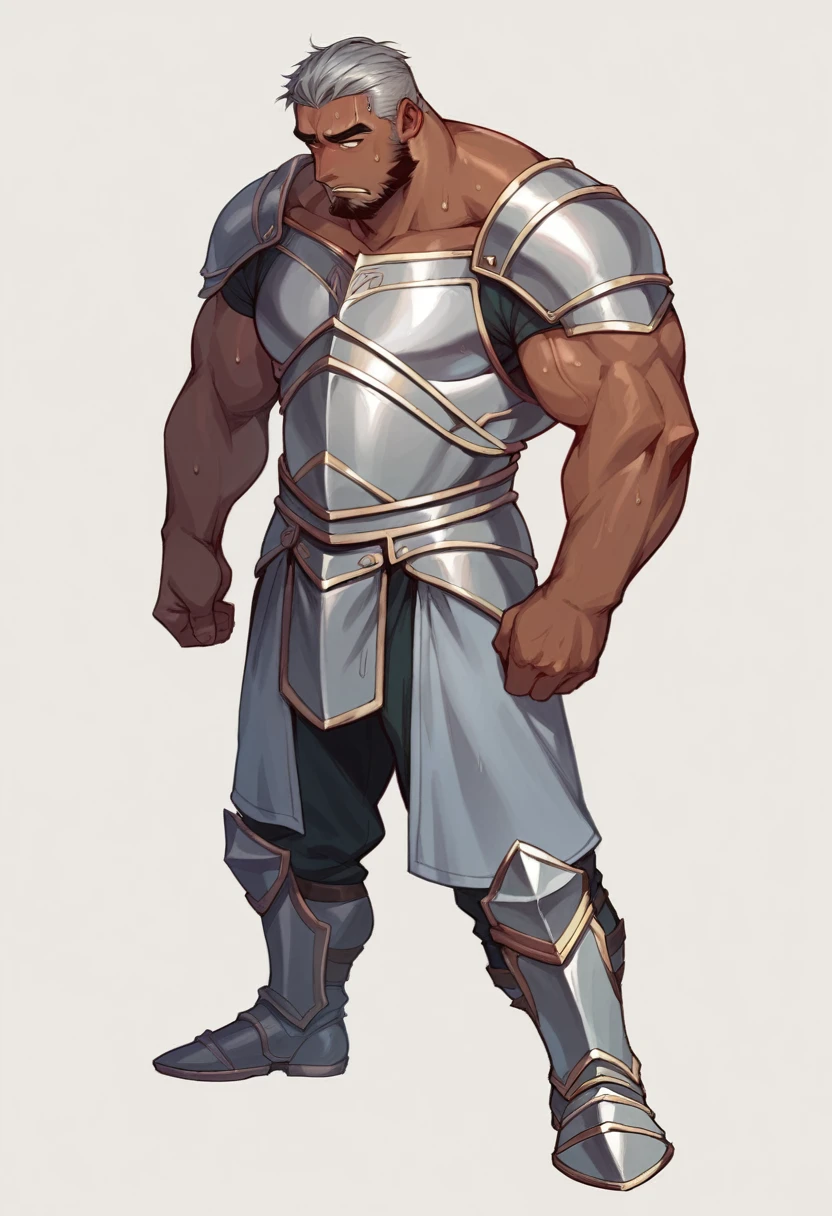 score_9, score_8_up, score_7_up, solo, male focus, chubby-Bulk male , dark-tan skin , ((( skin head ))) , ( thick lips ) , Eyes rolled back ，ashamed face , beard,  ((( silver armor ))) , , sweating , full body , flex muscle , standing , white background , no background , backside back side