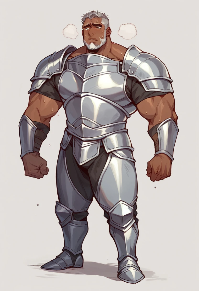 score_9, score_8_up, score_7_up, solo, male focus, chubby-Bulk male , dark-tan skin , ((( skin head ))) , ( thick lips ) , Eyes rolled back ，ashamed face , beard,  ((( silver armor ))) , , sweating , full body , flex muscle , standing , white background , no background , backside back side