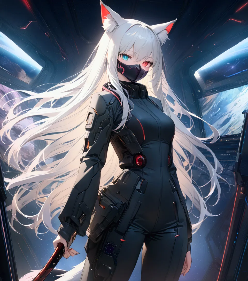 2girls, fox girl(1:2), cat girl(1:2), same character ideas, white long hair, full body, black sci-fi suit with white and red det...