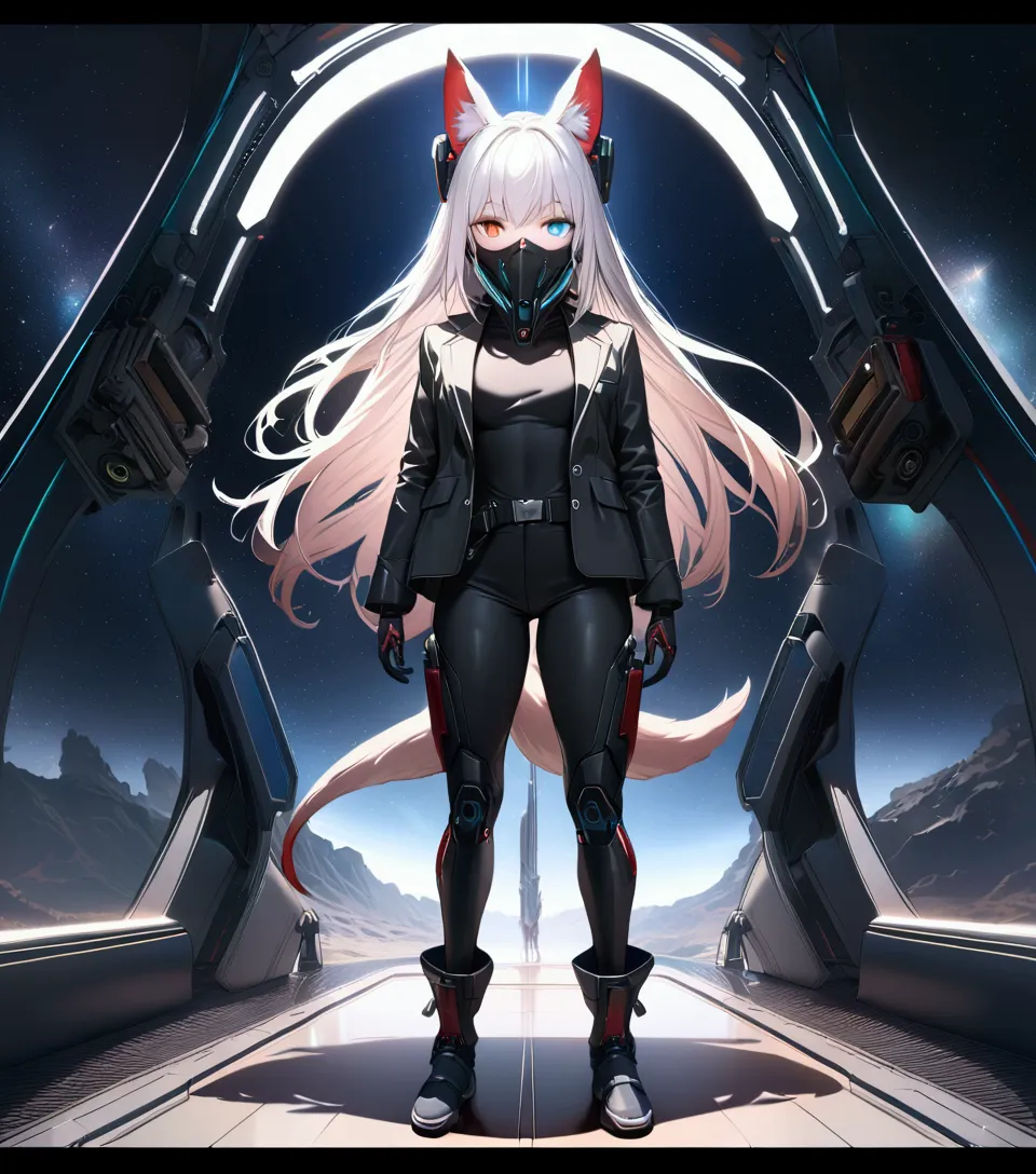 2girls, fox girl, same character ideas, white long hair, full body, black sci-fi suit with white and red details, sci-fi styled ...