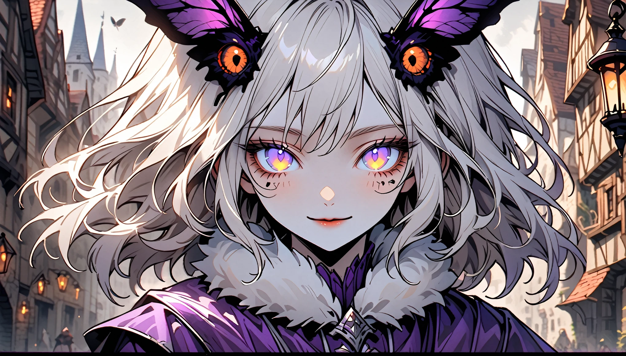 solo, female, close up, insect girl, mothman girl, black compound eyes, iridescent eyes, white-brown fur, silver hair, fluffy hair, huge white fur collar, slender, tall, moth antenna, Manduca sexta, simple black & purple clothes, medieval, town, gentle smile, lamp, black eyes, large moth wings, fluff, black sclera, humble, religious, insect hands, claws, segmented carapace