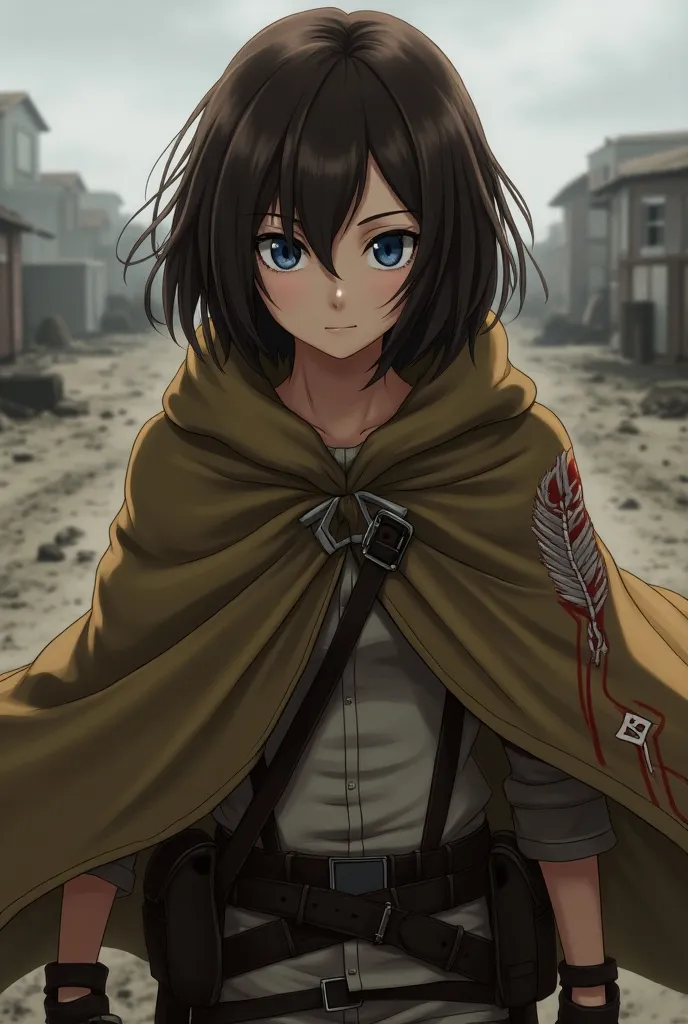  brown shoulder-length hair ,  wears 
Reconnaissance Troop Cloak, her eyes are sky blue , Anime by Shingeki no Kyojin 


