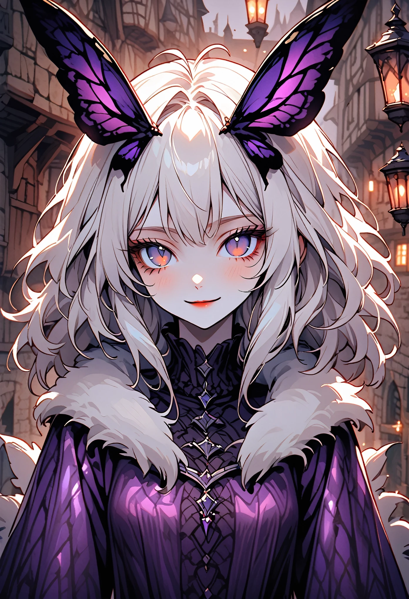 solo, female, close up, insect girl, mothman girl, black compound eyes, iridescent eyes, white-brown fur, silver hair, fluffy hair, huge white fur collar, slender, tall, moth antenna, Manduca sexta, simple black & purple clothes, medieval, town, gentle smile, lamp, black eyes, large moth wings, fluff, black sclera, humble, religious, insect hands, claws, segmented carapace