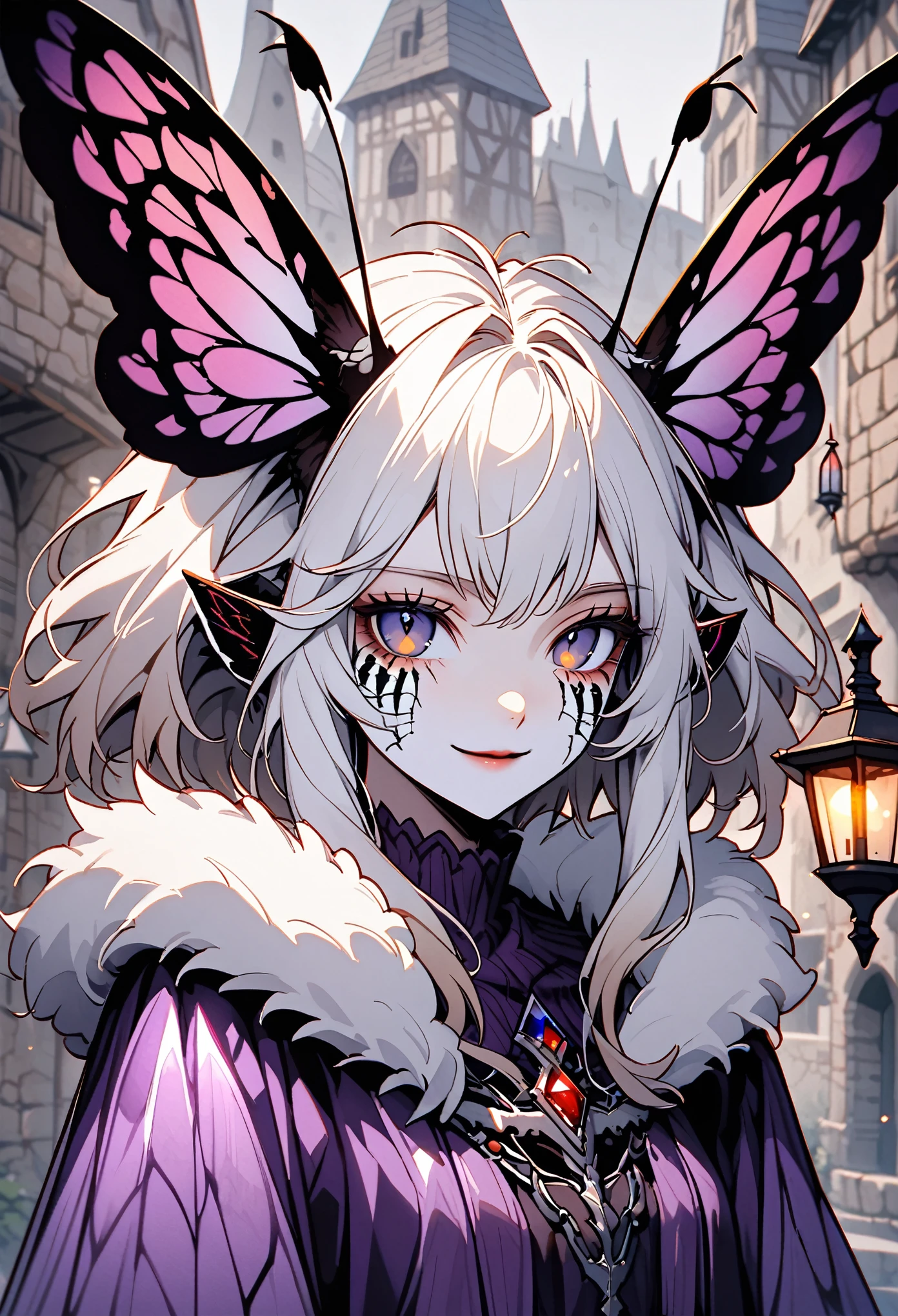 solo, female, close up, insect girl, mothman girl, black compound eyes, iridescent eyes, white-brown fur, silver hair, fluffy hair, huge white fur collar, slender, tall, moth antenna, Manduca sexta, simple black & purple clothes, medieval, town, gentle smile, lamp, black eyes, large moth wings, fluff, black sclera, humble, religious, insect hands, claws, segmented carapace