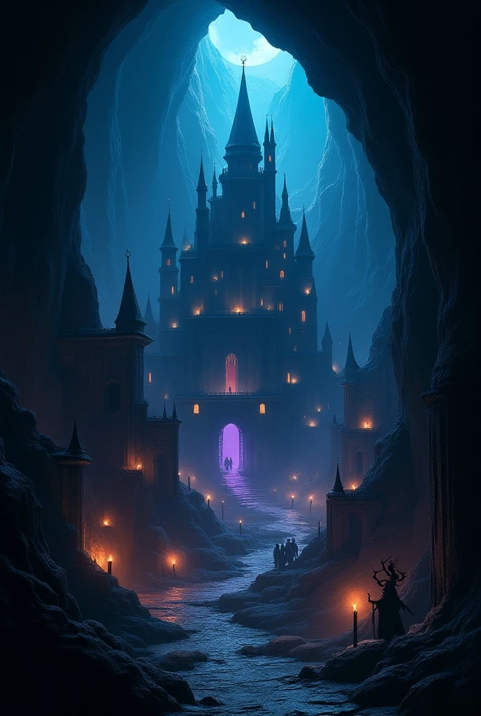 an epic  dark elf fantasy city,  a huge cave built  underground, beneath the ground,  there are many buildings and towers, lit in dim light of candles and magical light, its deep under the mountain, purple light, blue light, from buildings, a dark lit temple, Hyperrealism style
