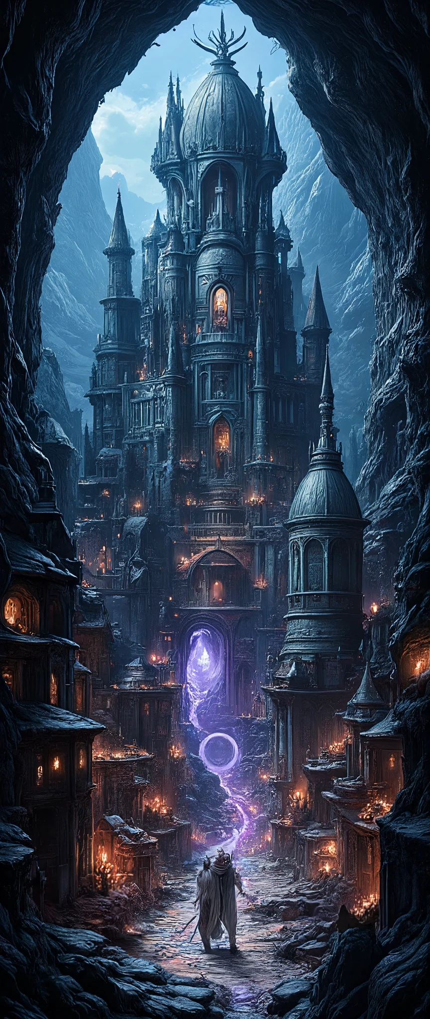 an epic  dark elf fantasy city,  a huge cave built  underground, beneath the ground,  there are many buildings and towers, lit in dim light of candles and magical light, its deep under the mountain, purple light, blue light, from buildings, a dark lit temple, Hyperrealism style
