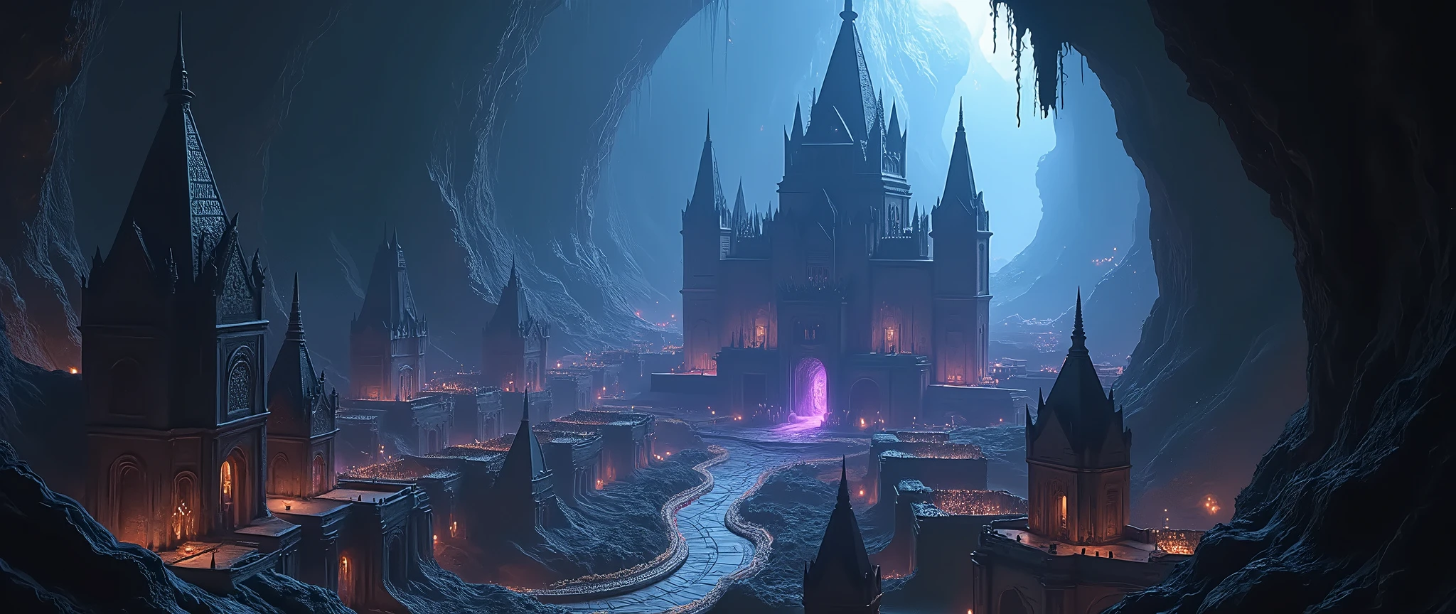 an epic  dark elf fantasy city,  a huge cave built  underground, beneath the ground,  there are many buildings and towers, lit in dim light of candles and magical light, its deep under the mountain, purple light, blue light, from buildings, a dark lit temple, Hyperrealism style
