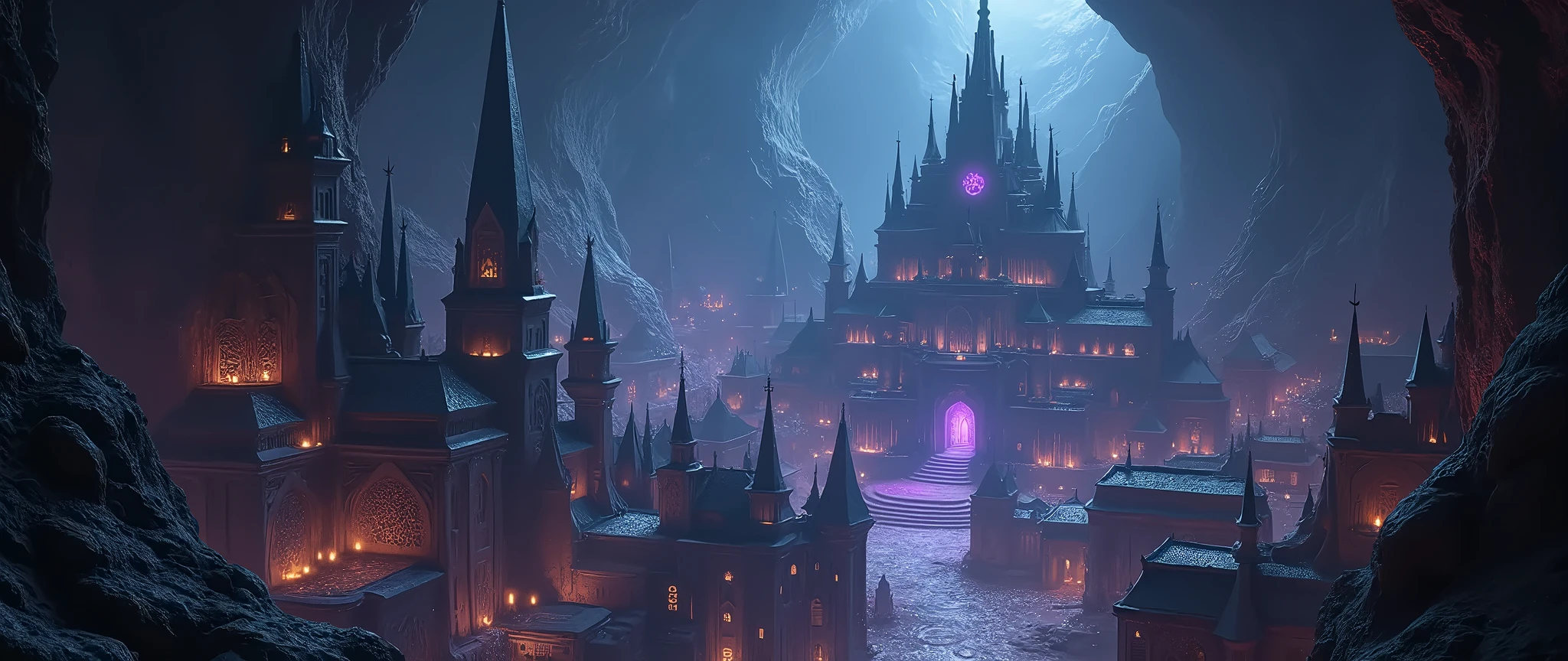 an epic  dark elf fantasy city,  a huge cave built  underground, beneath the ground,  there are many buildings and towers, lit in dim light of candles and magical light, its deep under the mountain, purple light, blue light, from buildings, a dark lit temple, Hyperrealism style
