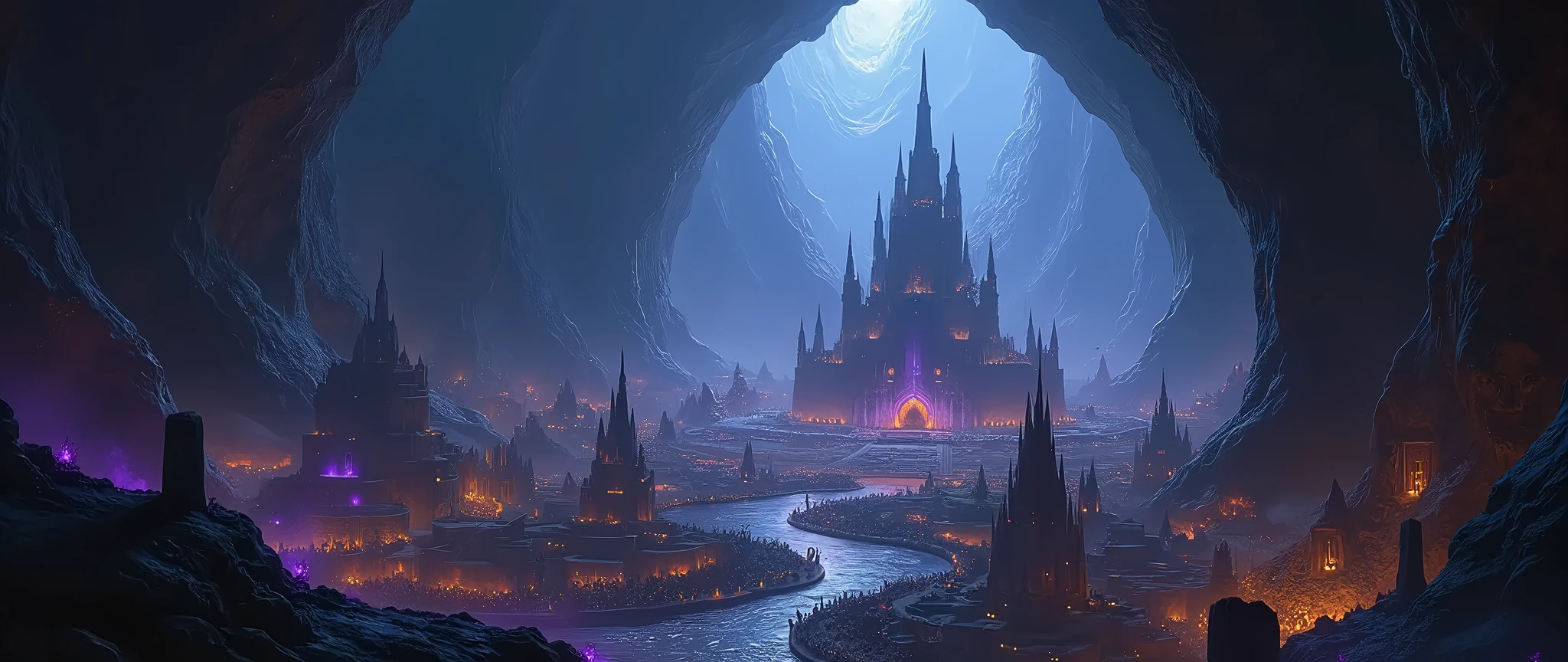 an epic  dark elf fantasy city,  a huge cave built  underground, beneath the ground,  there are many buildings and towers, lit in dim light of candles and magical light, its deep under the mountain, purple light, blue light, from buildings, a dark lit temple, Hyperrealism style
