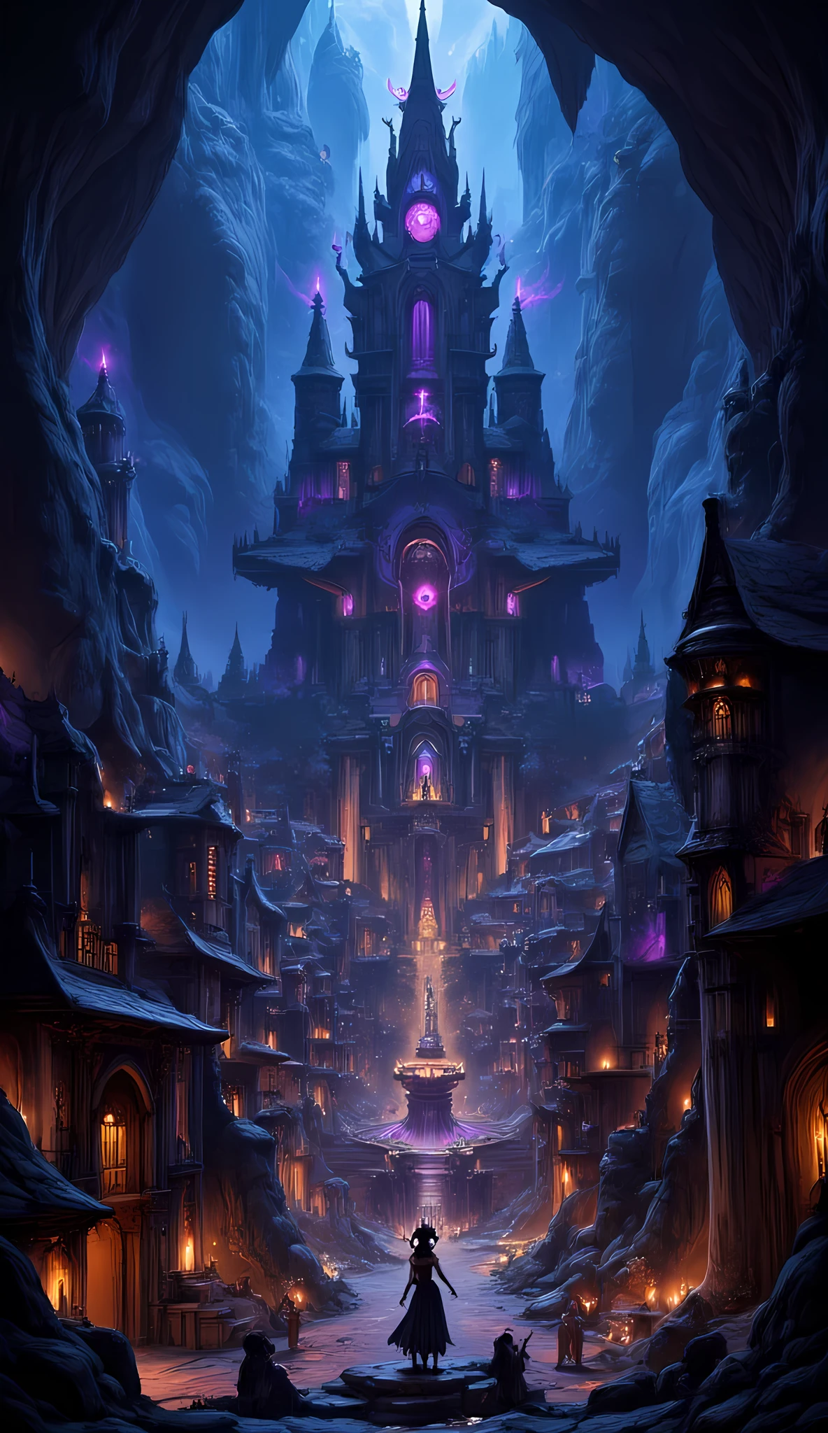 an epic  dark elf fantasy city,  a huge cave built  underground, beneath the ground,  there are many buildings and towers, lit in dim light of candles and magical light, its deep under the mountain, purple light, blue light, from buildings, a dark lit temple, Hyperrealism style
