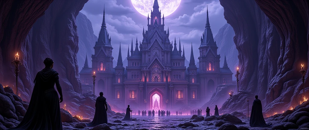 an epic  dark elf fantasy city,  a huge cave built  underground, beneath the ground,  there are many buildings and towers, lit in dim light of candles and magical light, its deep under the mountain, purple light, blue light, from buildings, a dark lit temple, Hyperrealism style
