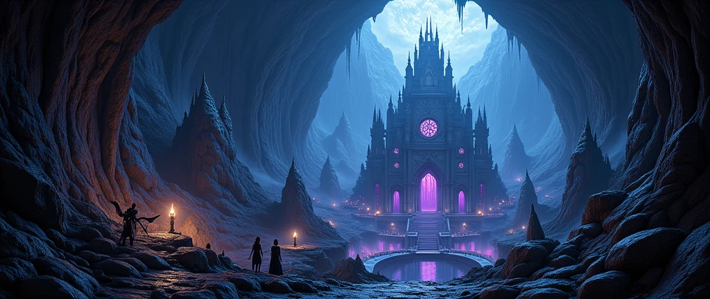 an epic  dark elf fantasy city,  a huge cave built  underground, beneath the ground,  there are many buildings and towers, lit in dim light of candles and magical light, its deep under the mountain, purple light, blue light, from buildings, a dark lit temple, Hyperrealism style
