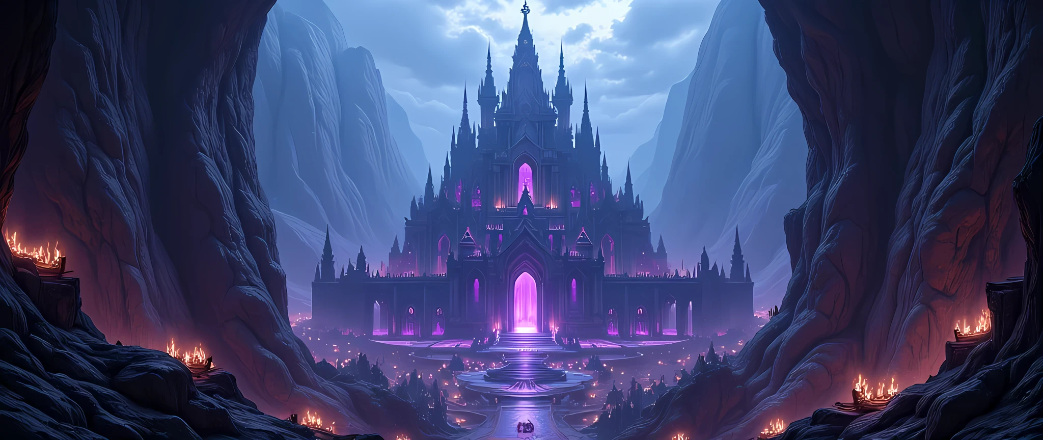 an epic  dark elf fantasy city,  a huge cave built  underground, beneath the ground,  there are many buildings and towers, lit in dim light of candles and magical light, its deep under the mountain, purple light, blue light, from buildings, a dark lit temple, Hyperrealism style
