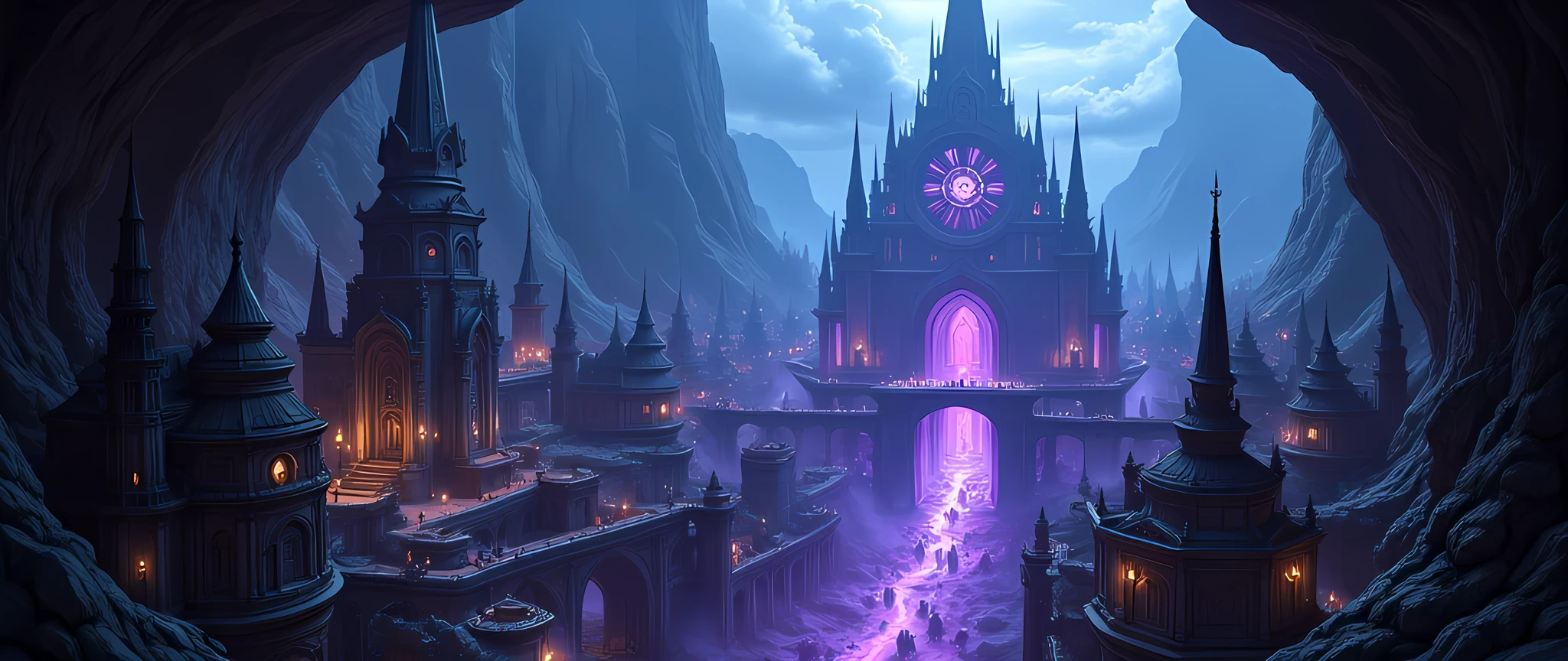 an epic  dark elf fantasy city,  a huge cave built  underground, beneath the ground,  there are many buildings and towers, lit in dim light of candles and magical light, its deep under the mountain, purple light, blue light, from buildings, a dark lit temple, Hyperrealism style
