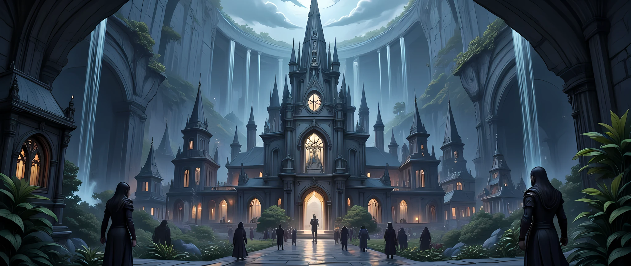 an epic  dark elf fantasy city,  a huge cave built  underground, beneath the ground,  there are many buildings and towers, lit in dim light of candles and magical light, its deep under the mountain, purple light, blue light, from buildings, a dark lit temple, Hyperrealism style
