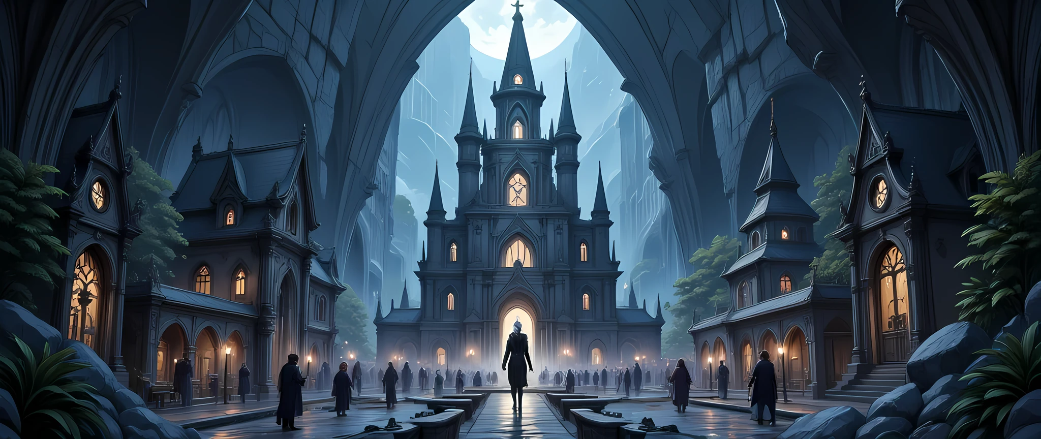 an epic  dark elf fantasy city,  a huge cave built  underground, beneath the ground,  there are many buildings and towers, lit in dim light of candles and magical light, its deep under the mountain, purple light, blue light, from buildings, a dark lit temple, Hyperrealism style
