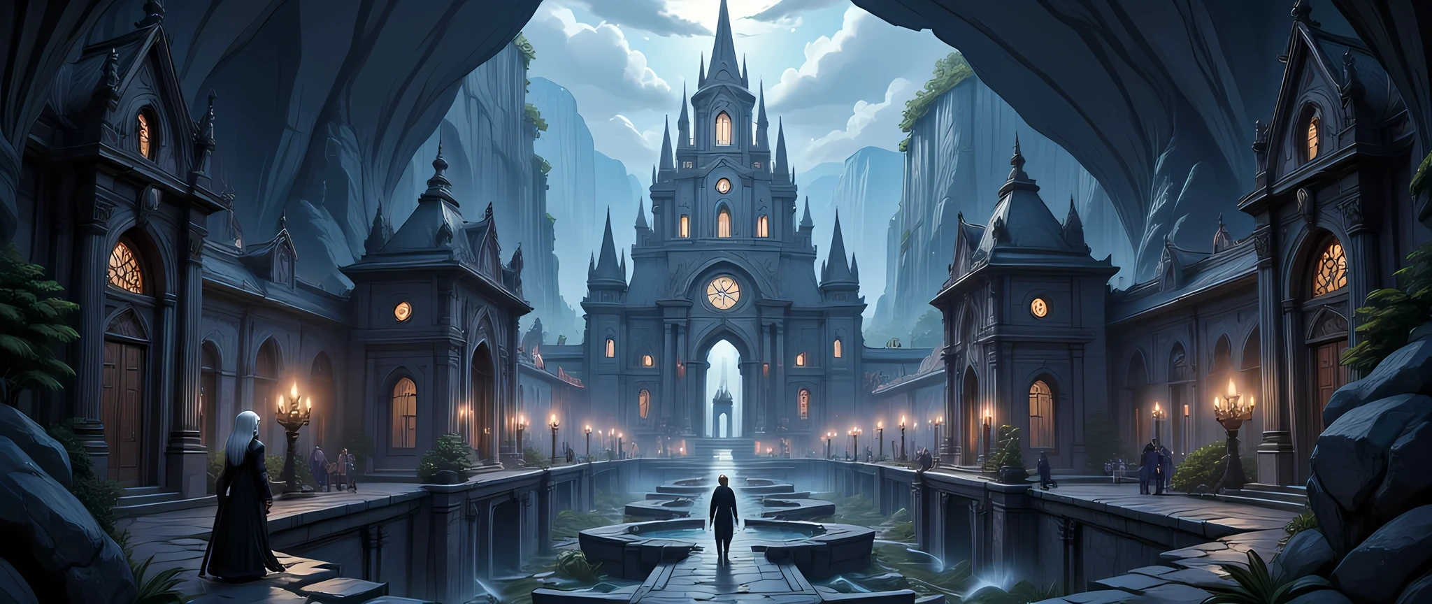 an epic  dark elf fantasy city,  a huge cave built  underground, beneath the ground,  there are many buildings and towers, lit in dim light of candles and magical light, its deep under the mountain, purple light, blue light, from buildings, a dark lit temple, Hyperrealism style
