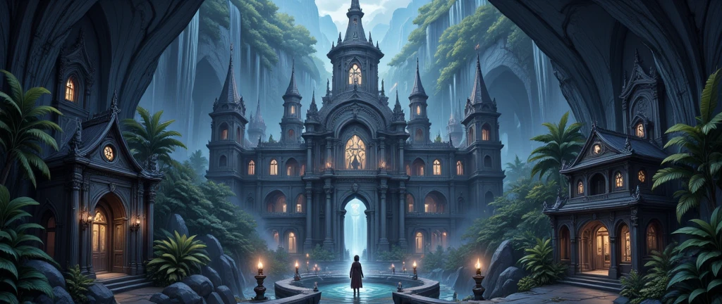 an epic  dark elf fantasy city,  a huge cave built  underground, beneath the ground,  there are many buildings and towers, lit in dim light of candles and magical light, its deep under the mountain, purple light, blue light, from buildings, a dark lit temple, Hyperrealism style
