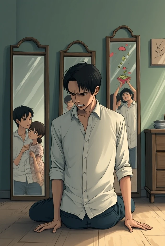 Hand drawn anime style，A man in a white shirt who looks very miserable，Sitting on the floor in the living room，Angry and painful expression，There are 3 small mirrors on the wall behind him.，The first mirror shows a man and a woman hugging each other sweetly。In the second mirror, a family is eating at the table。The third mirror shows a young lady holding a red broken heart money is pouring out of it，The mirror is a little broken