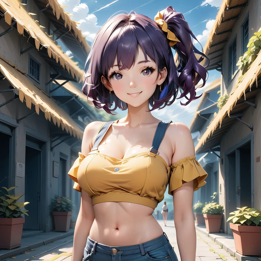 professional anime, anime :Pokemon, anime style: OLM.inc, masterpiece, best quality, high resolution, 1 woman only, misty (pokemon), solo, shorts, suspenders, side ponytail, stomach, yellow crop top, navel, short hair, denim, jean shorts, smile, cowboy shot, standing, pace_sign, outdoors, 90% Nude, deep purple hair , hyper beautiful face, purple hair, perfect anatomy, shiny skin,
