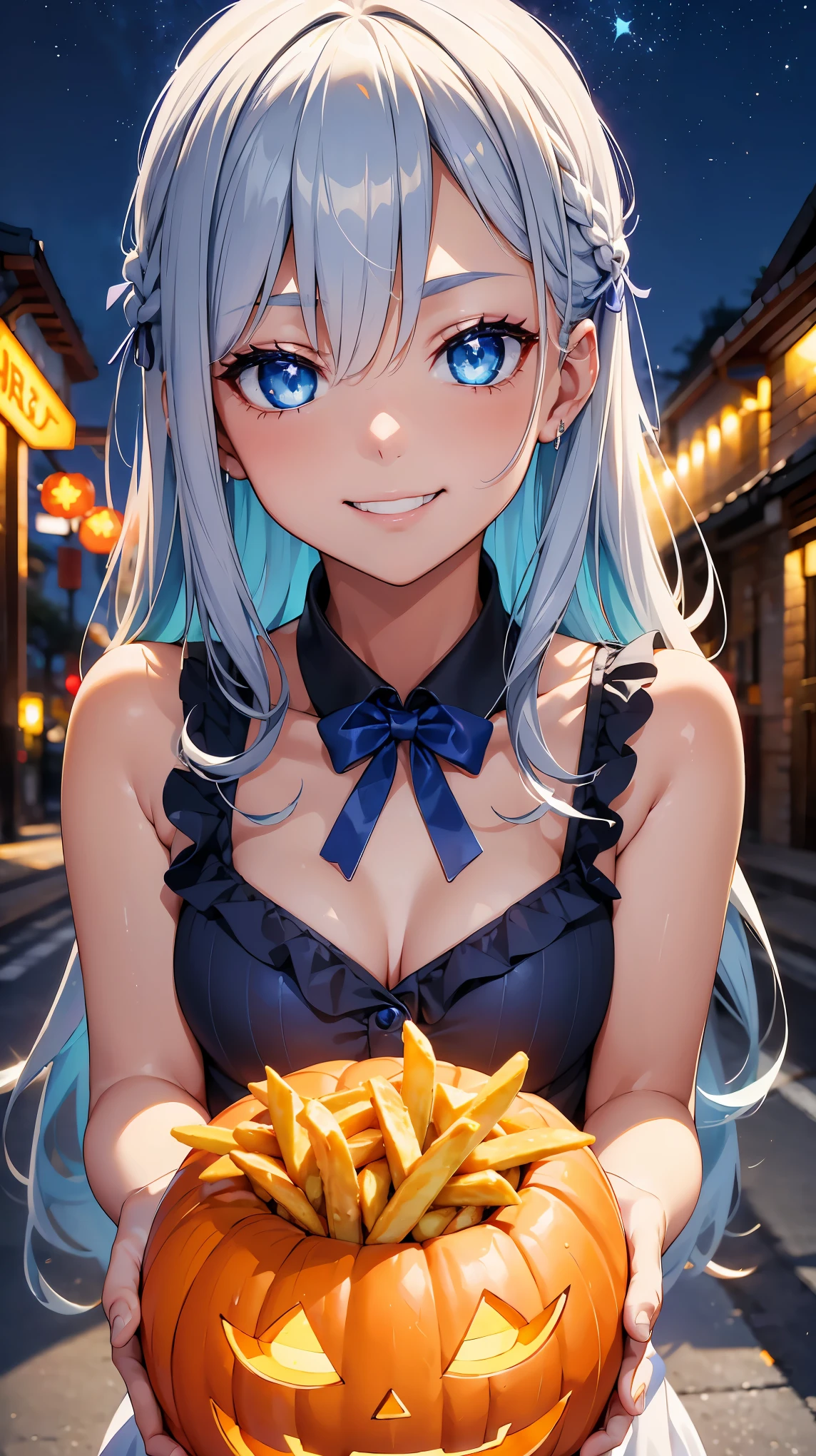 1 young girl、Silver Hair、(Sparkling blue eyes)、 jack-o-lantern、Halloween、Wicked Smile、Eating french fries、Upper body close-up、colorful starry sky 、Rainbow Aura、Orange and green color scheme、Outdoor、Shadow lighting