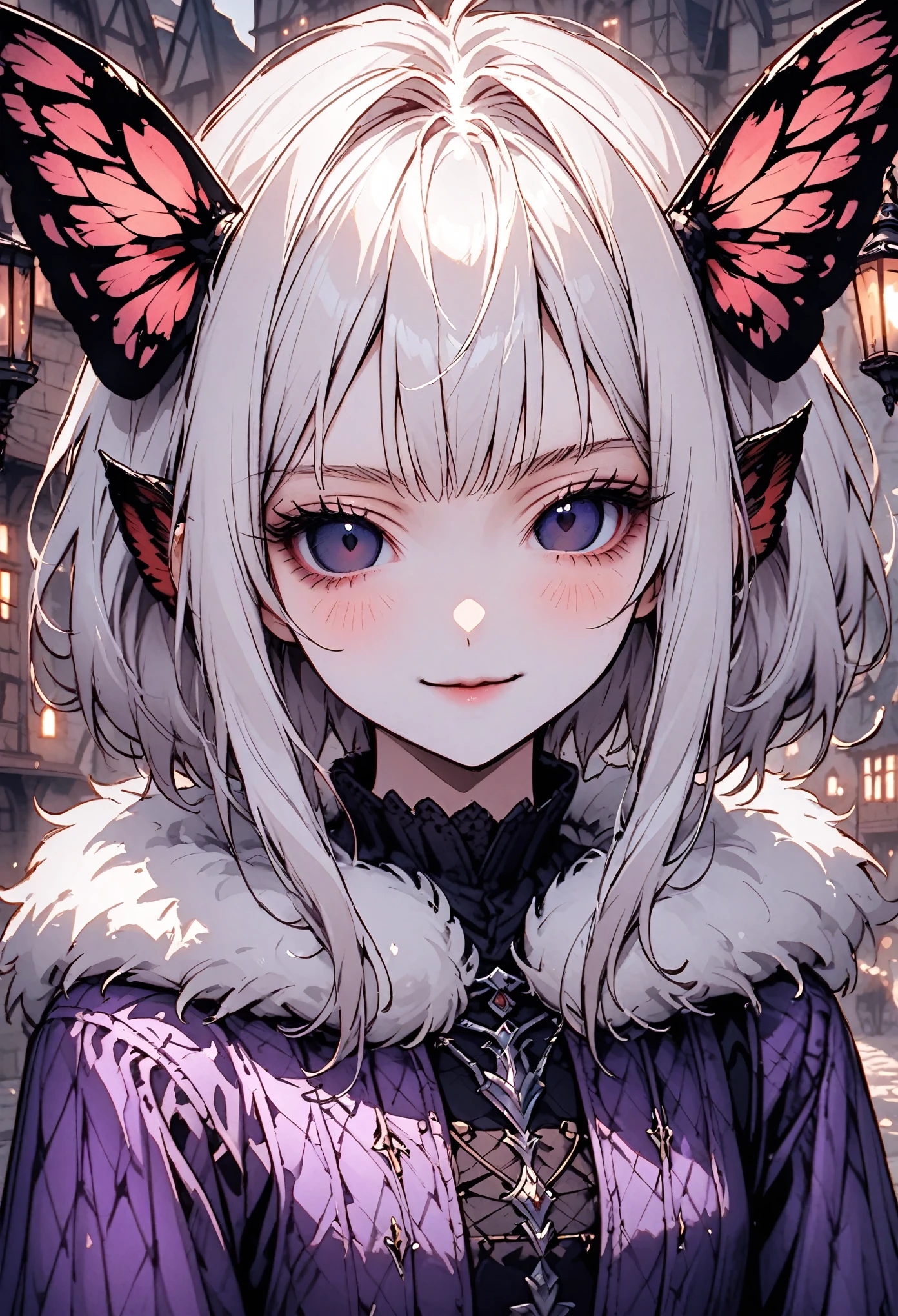 solo, female, close up, insect girl, mothman girl, black compound eyes, iridescent eyes, white-brown fur, silver hair, fluffy hair, huge white fur collar, slender, tall, moth antenna, Manduca sexta, simple black & purple clothes, medieval, town, gentle smile, lamp, black eyes, large moth wings, fluff, black sclera, humble, religious, insect hands, claws, segmented carapace