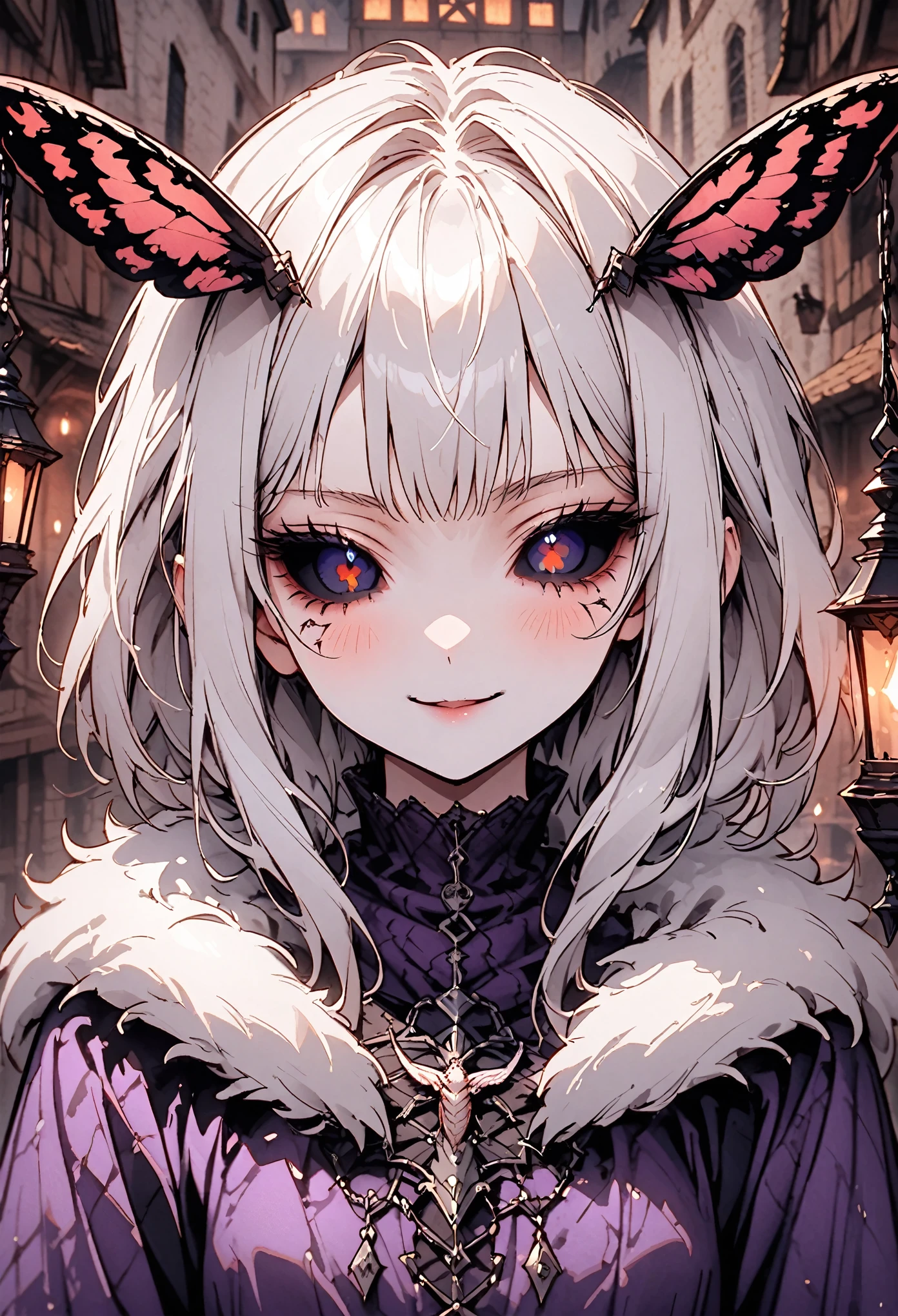 solo, female, close up, insect girl, mothman girl, black compound eyes, iridescent eyes, white-brown fur, silver hair, fluffy hair, huge white fur collar, slender, tall, moth antenna, Manduca sexta, simple black & purple clothes, medieval, town, gentle smile, lamp, black eyes, large moth wings, fluff, black sclera, humble, religious, insect hands, claws, segmented carapace