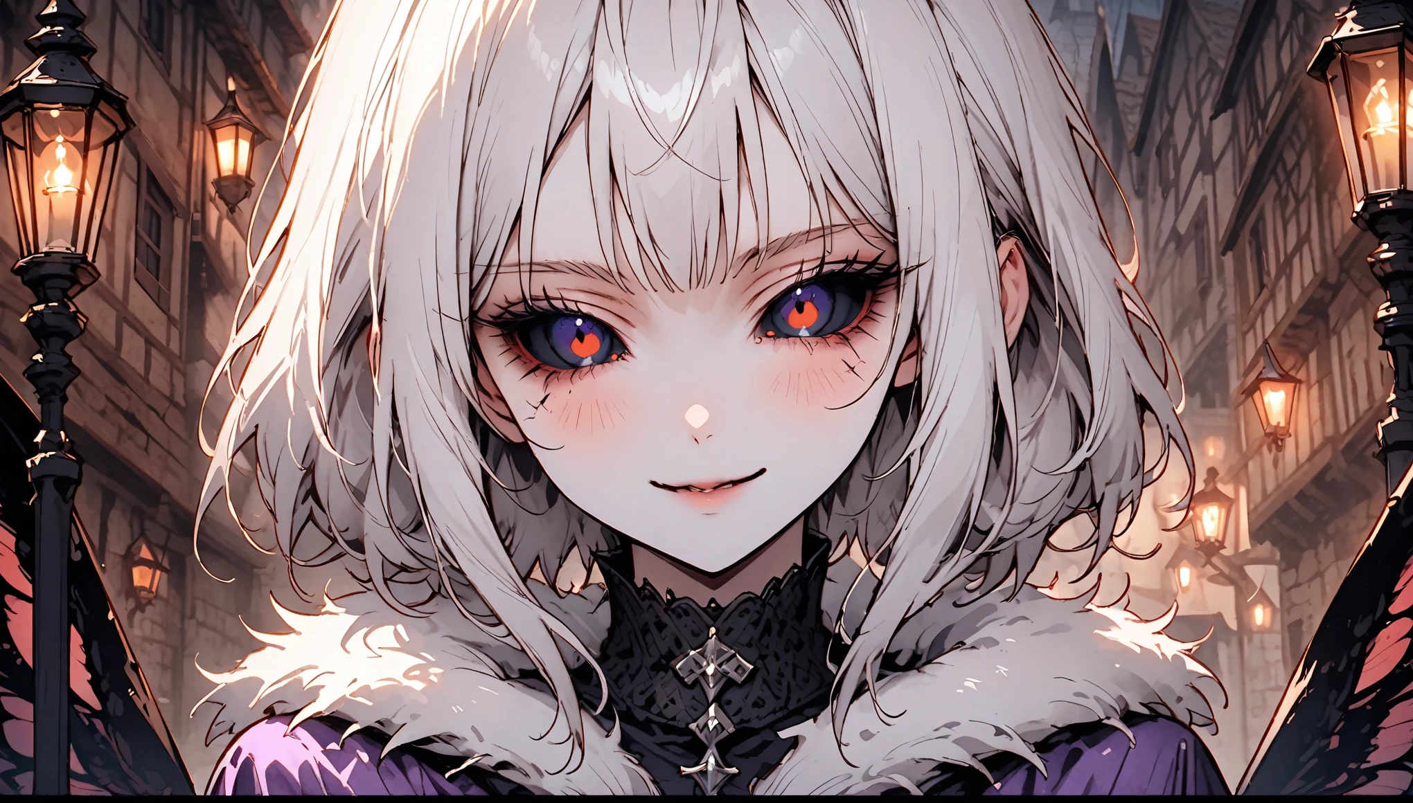 solo, female, close up, insect girl, mothman girl, black compound eyes, iridescent eyes, white-brown fur, silver hair, fluffy hair, huge white fur collar, slender, tall, moth antenna, Manduca sexta, simple black & purple clothes, medieval, town, gentle smile, lamp, black eyes, large moth wings, fluff, black sclera, humble, religious, insect hands, claws, segmented carapace