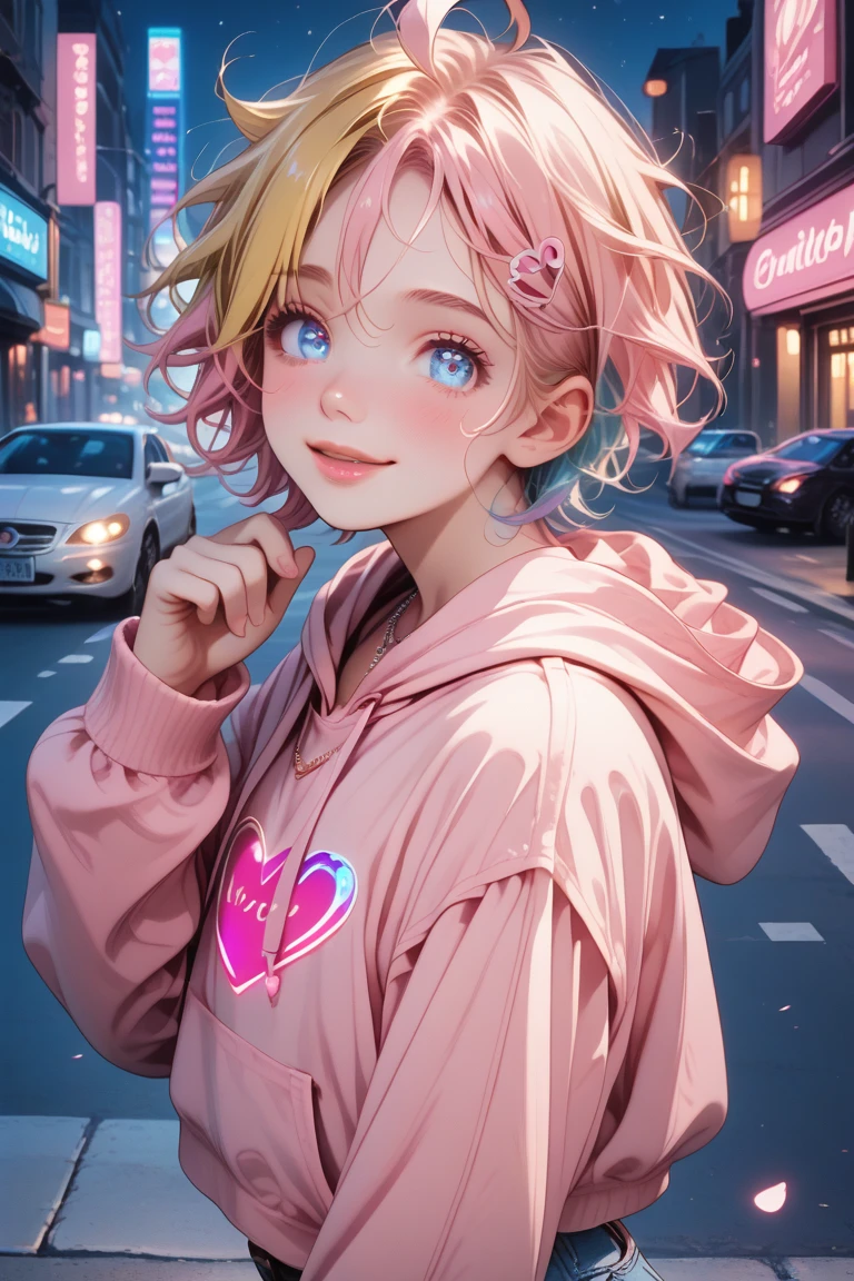 score_9, score_8_up, ultra details, absurdres, 8K, pastel style,1boy, (((femboy))), otoko no ko, side view, ahoge, (blonde hair, ((very short hair)), messy hair, pastel rainbow inner hair color mesh, pink heart hair clips), (soft blue eyes, small eyes, detailed eyes), luscious lips, hands, fingers, eyes, sexy body, selfie, (beautiful face:1.1), shy smile, cute face, night, bubble butt, boy body, flirty posing, wearing a delicate silver necklace with a cute pink heart, pink crop top, hoodie, light blue denim boy cut jeans, (pink hearts embroidered on jeans), penis bulge, erection, (penis bulge on jeans), (belted jeans), soft pink heart buckle belt, pink converse, pink Apple Watch, pastel pink and blue cute backpack, standing, from above, Expressiveh, ... g0thicPXL, glowing, neon, night street, hearts, cars on the street, people, cinematic lighting, light particles, coordinated colors, side view. photorealistic